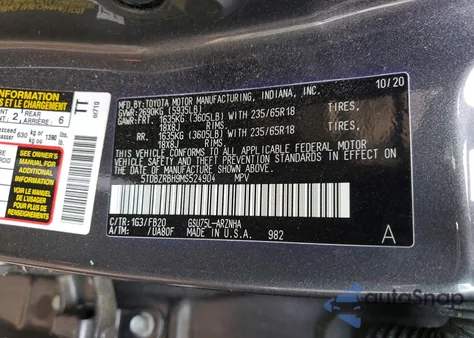 2021 Toyota Highlander L z USA, uszkodzony, nr VIN 5TDBZRBH9MS524904